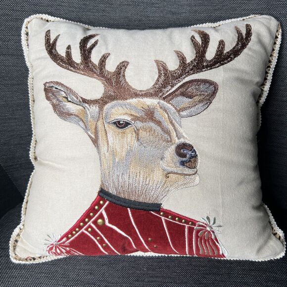 Pier 1 Christmas Royal Reindeer Portrat Embroidered Accent Pillow 14x14 - Picture 1 of 5